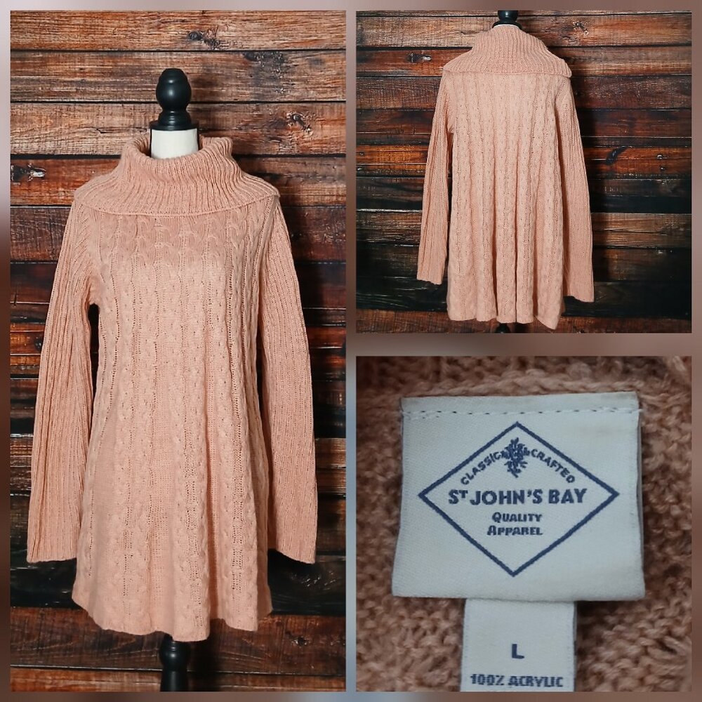 St Johns Bay Tunic Sweater Size L Pink Cable Knit Cowl Neck Long